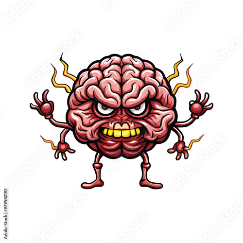 Cartoon illustration of a pink brain monster with wrinkly folds and a menacing smile.