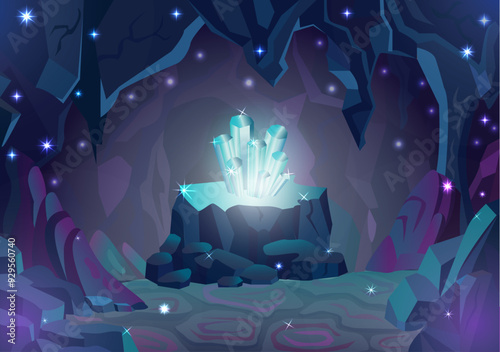 Magic underground cave or cavern landscape with gems, crystals and rocks around in mountain, fantasy game background, adventure concept, cartoon vector illustration