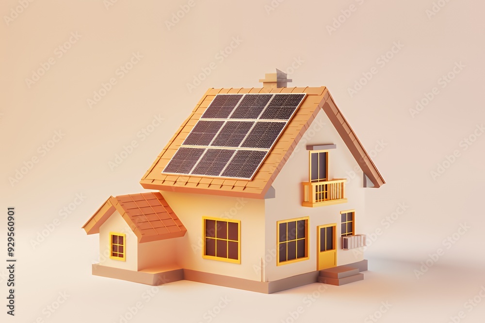 A stylized house model featuring solar panels on the roof. A stylized house model featuring solar panels on the roof.