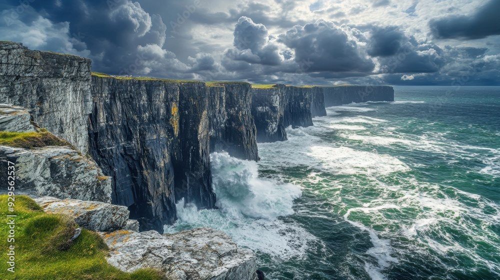 Dramatic cliffs meet turbulent ocean waves under a cloudy sky.