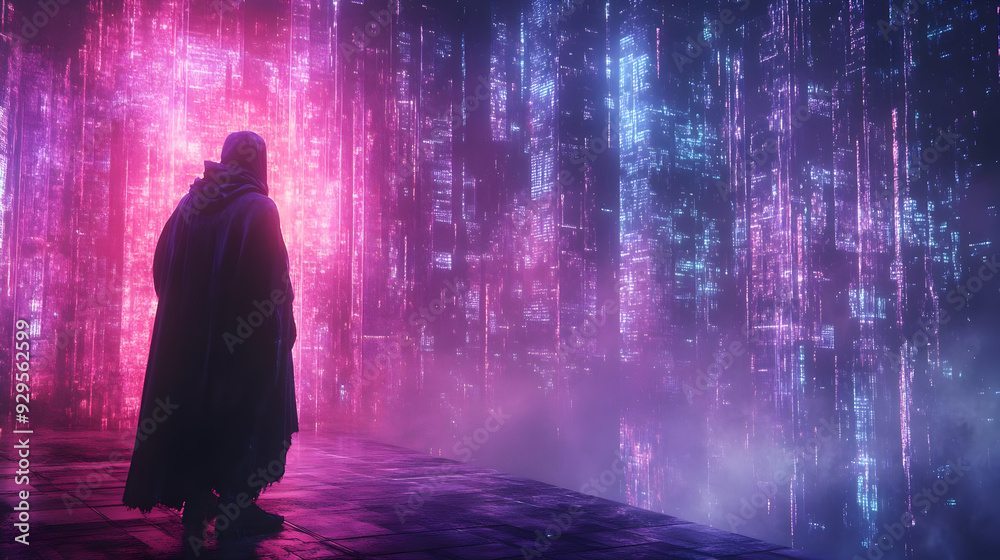 A Lone Figure Stands Before a Glowing Digital Cityscape, a Futuristic Cityscape of Light and Code A Lone Figure Stands Before a Glowing Digital Cityscape, a Futuristic Cityscape of Light and Code
