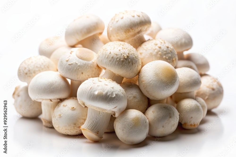 Freshly picked white button mushrooms arranged on a clean white background, showcasing their delicate caps and slender stems in a crisp and elegant composition. Freshly picked white button mushrooms arranged on a clean white background, showcasing their delicate caps and slender stems in a crisp and elegant composition.