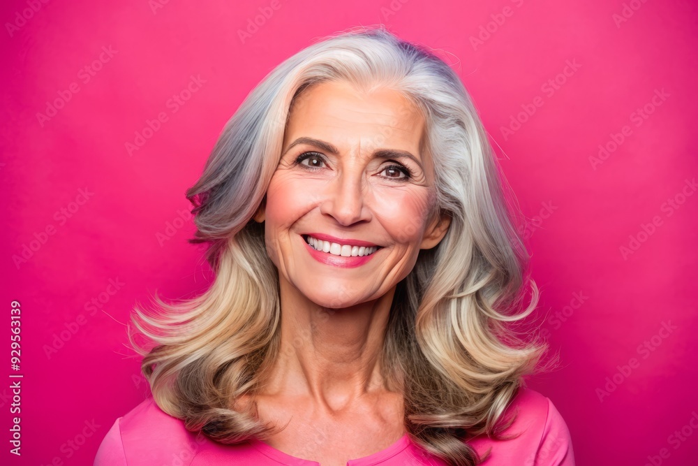 Vibrant pink background highlights the radiant smile and warm gaze of a stunning mature woman with grey hair, exuding confidence and natural beauty. Vibrant pink background highlights the radiant smile and warm gaze of a stunning mature woman with grey hair, exuding confidence and natural beauty.
