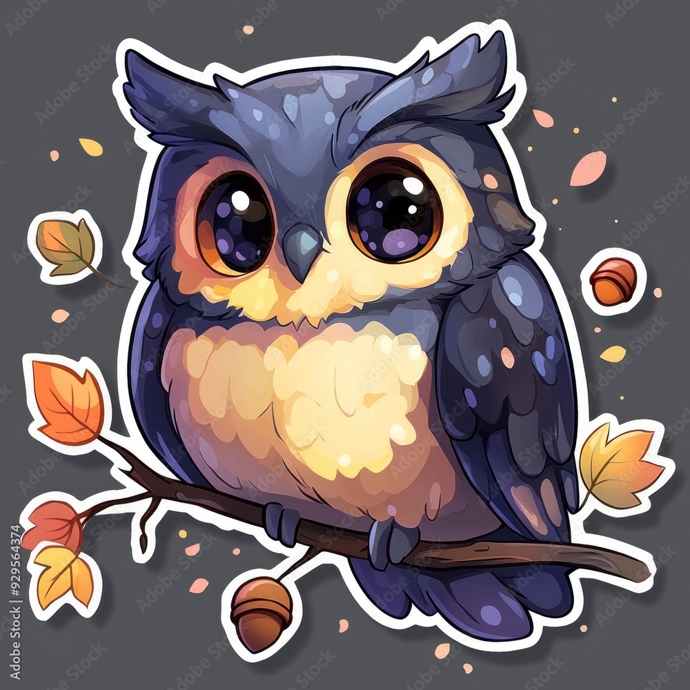 Obraz premium Cute Cartoon Owl Perched on Branch with Autumn Leaves