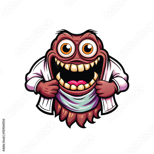 Cartoon monster with exaggerated features, wearing a white coat and a big toothy grin,  exuding a playful and silly demeanor.