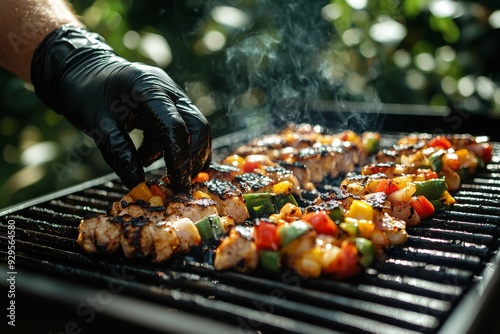 A gloved hand arranges colorful vegetable skewers on a grill. The sizzling vegetables and meat skewers are beautifully charred, with smoke rising, creating a vibrant outdoor BBQ scene