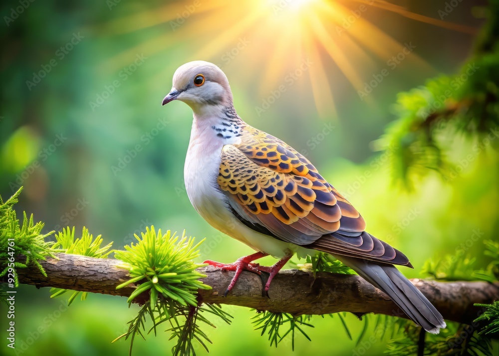 A serene European Turtle Dove with muted brown plumage perches on a weathered pine tree branch, surrounded by lush green needles and soft sunlight filtering through.