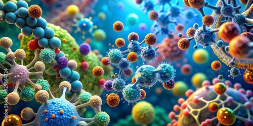 A vibrant 3D illustration of DNA strands, molecular structures, and particles in a colorful microscopic environment, representing biology, genetics, microbiology, and scientific research. photo