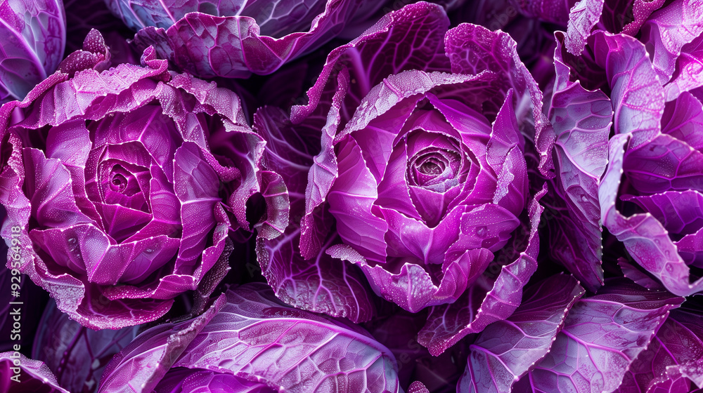 Obraz premium Close-up of vibrant purple cabbage heads with fresh dew, showcasing natural beauty