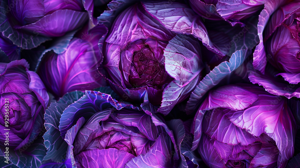 Obraz premium Close-up of vibrant purple cabbage heads with fresh dew, showcasing natural beauty