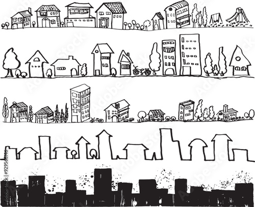街並みイラスト　手書きの毛筆イラスト