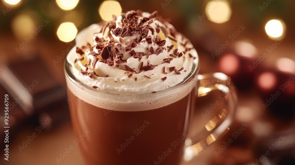 A macro view of a hot mocha with whipped cream and chocolate shavings, served in a clear glass mug with a festive touch. A macro view of a hot mocha with whipped cream and chocolate shavings, served in a clear glass mug with a festive touch.