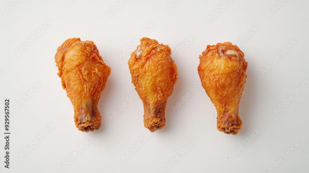 A minimalist shot of three perfectly fried chicken wings placed in a row on a white surface, highlighting their uniform golden color against the white background. A minimalist shot of three perfectly fried chicken wings placed in a row on a white surface, highlighting their uniform golden color against the white background.