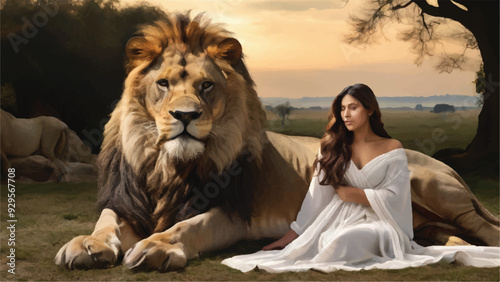 Woman and great lion