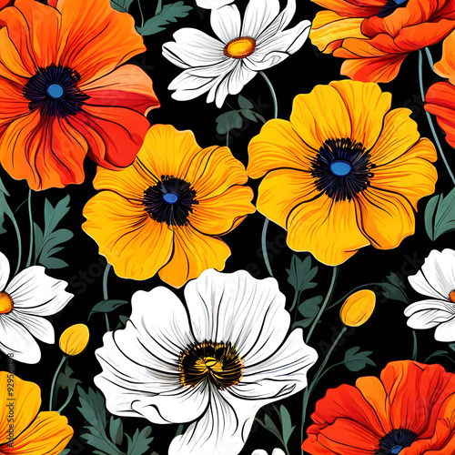 seamless pattern with flowers, argyle daisy poppy marigolds pattern overlay in bright jewel tones black white cartoon drawing 