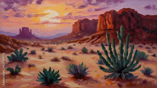 Oil painting of a desert landscape background, vibrant watercolor painting of desert landscape at sunset