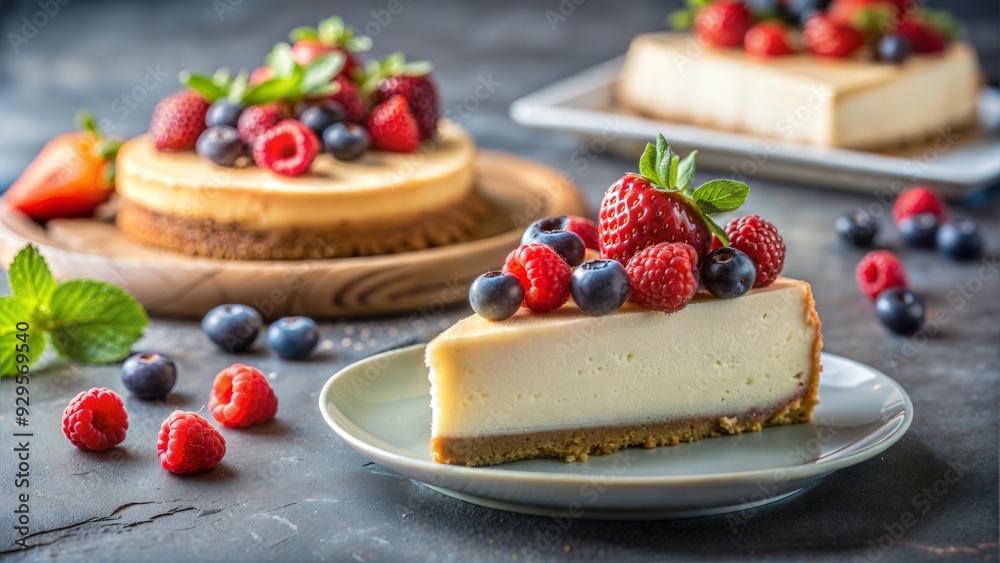 photography of a delicious slice of cheesecake with berries, copy space for text photography of a delicious slice of cheesecake with berries, copy space for text