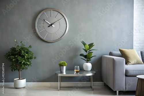 A sleek, silver, modern clock hangs prominently on a light-gray wall in a stylish, contemporary home, surrounded by neutral tones and minimal decor. photo