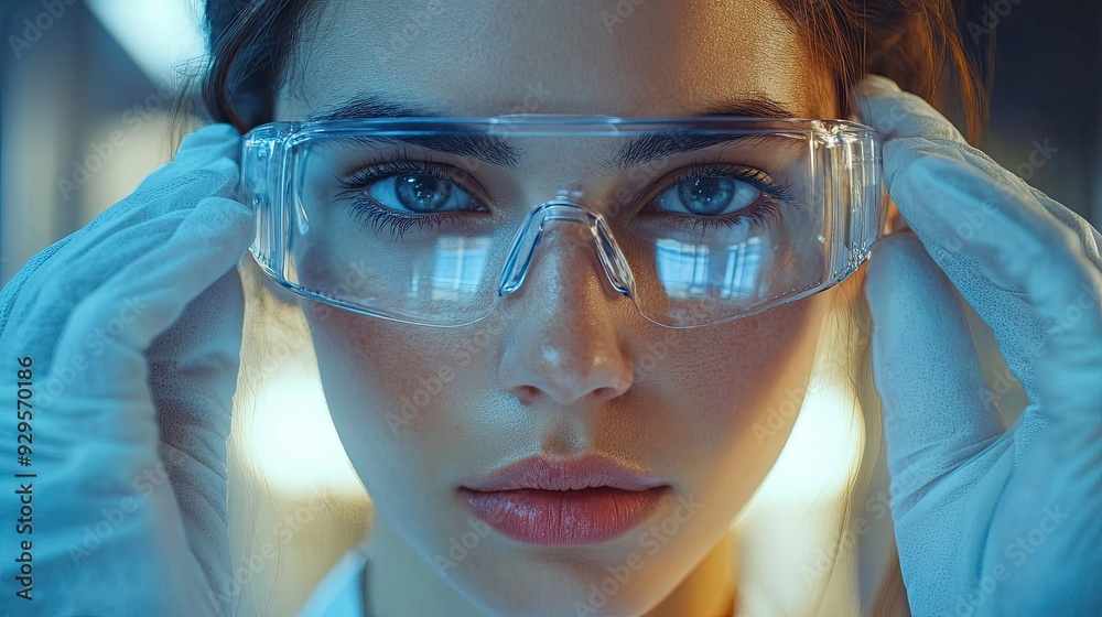 Close-Up of Scientist Wearing Protective Goggles in Laboratory Setting with Focused Expression Close-Up of Scientist Wearing Protective Goggles in Laboratory Setting with Focused Expression
