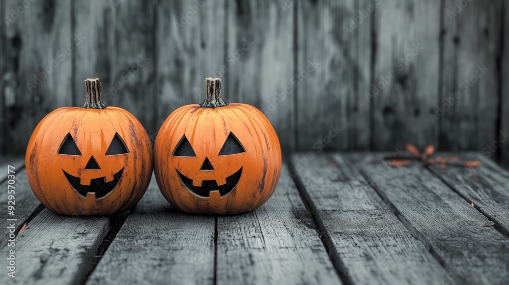 Two carved pumpkins with cheerful faces in a row against a rustic grey wooden background. The scene evokes the festive spirit of Halloween with its playful and traditional decorations. Two carved pumpkins with cheerful faces in a row against a rustic grey wooden background. The scene evokes the festive spirit of Halloween with its playful and traditional decorations.