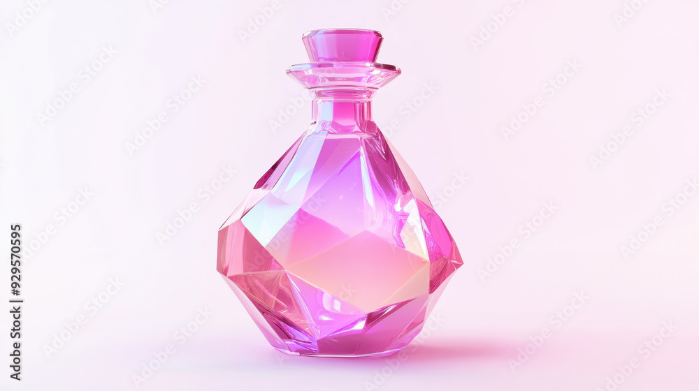 Elegant pink crystal glass perfume bottle with faceted design on a light background. Concept of luxury and beauty
