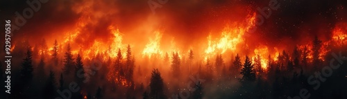 Intense Forest Fire with Tall Flames and Dense Smoke Engulfing Pine Trees in a Dramatic Landscape