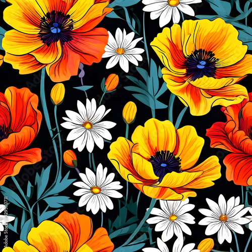 seamless pattern with flowers, argyle daisy poppy marigolds pattern overlay in bright jewel tones black white cartoon drawing 