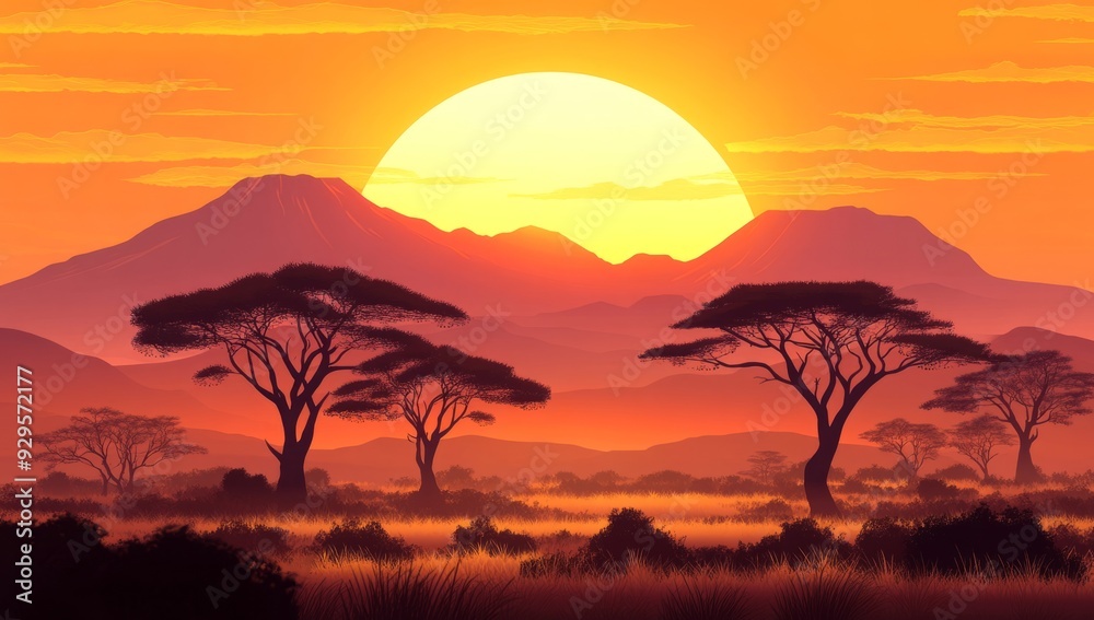 Naklejka premium Beautiful sunset in the African savanna with acacia trees against mountains