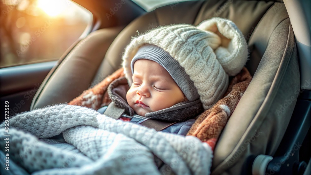 A serene sleeping baby snugly wrapped in a warm blanket occupies a car seat, exuding tranquility and peacefulness during a calm journey. A serene sleeping baby snugly wrapped in a warm blanket occupies a car seat, exuding tranquility and peacefulness during a calm journey.