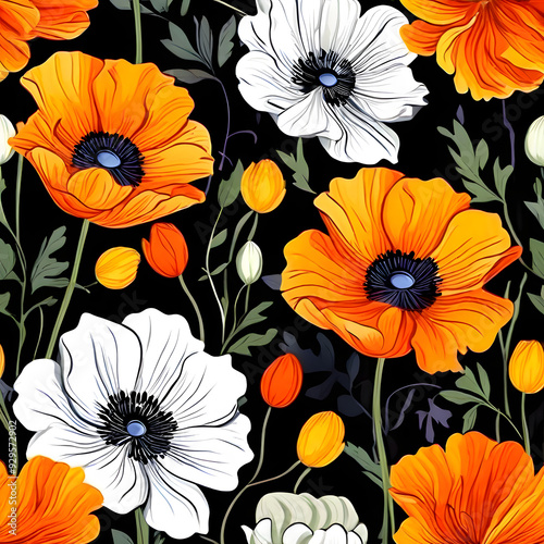 seamless pattern with flowers, argyle daisy poppy marigolds pattern overlay in bright jewel tones black white cartoon drawing 