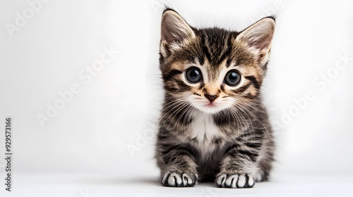 Adorable kitten sitting with its head tilted to the side on a plain backdrop