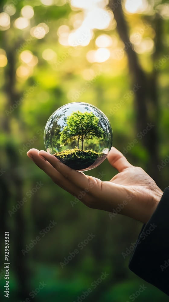 A hand holding a glass ball encapsulating a vibrant green tree, symbolizing nature and environmental preservation. A hand holding a glass ball encapsulating a vibrant green tree, symbolizing nature and environmental preservation.