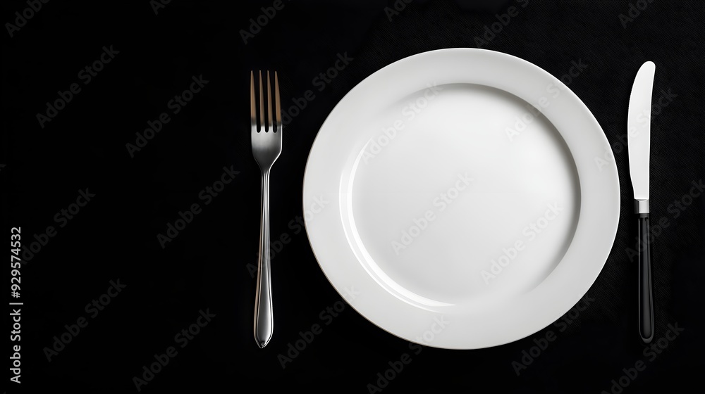 Top view of a white plate, fork and knife aligned on a white table, with a black background creating dramatic contrast, soft yet focused studio lighting. Top view of a white plate, fork and knife aligned on a white table, with a black background creating dramatic contrast, soft yet focused studio lighting.
