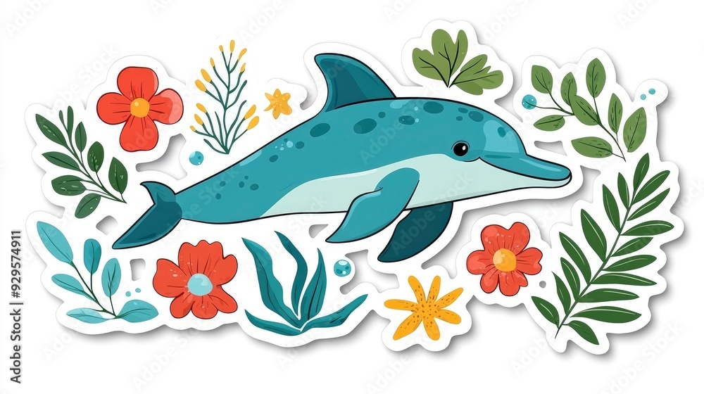 Cute Dolphin with Floral Background Illustration Cute Dolphin with Floral Background Illustration