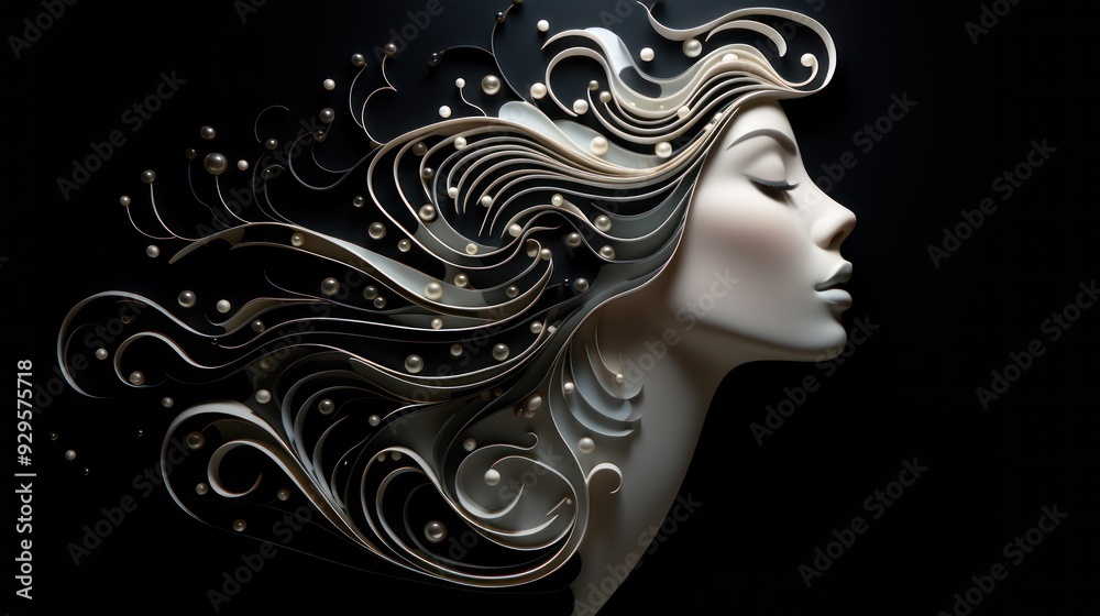 Creative design with white pearls creating the silhouette of a woman's face and flowing hair, set against a background Creative design with white pearls creating the silhouette of a woman's face and flowing hair, set against a background