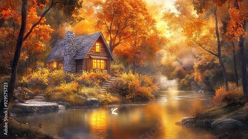 A cozy cabin with warm light shining through the windows sits on the edge of a river, nestled in an autumn forest with golden foliage and a misty atmosphere.