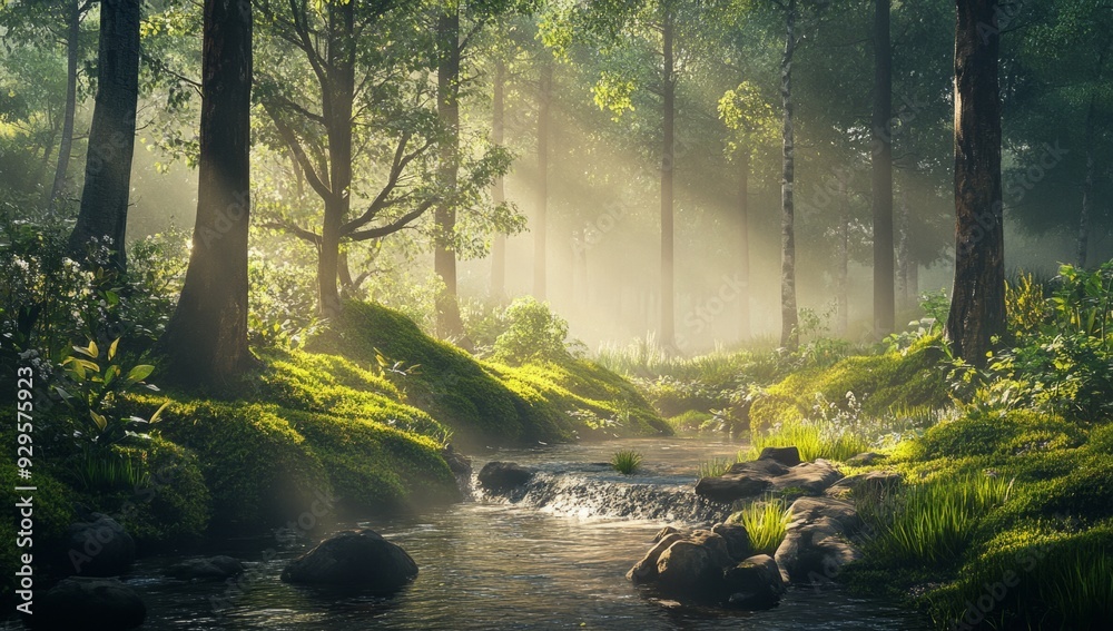 Serene forest with tall trees Moss-covered rocks
Serene forest with tall trees Moss-covered rocks