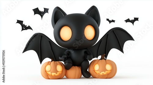 A cute, cartoon-style black bat character with glowing eyes, sitting on carved pumpkins with Halloween decorations in the background. photo