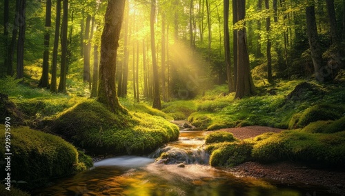 Serene forest with tall trees Moss-covered rocks 