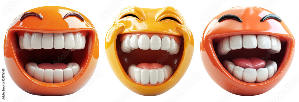 Set of four laughing emojis with open mouths isolated on transparent background Set of four laughing emojis with open mouths isolated on transparent background