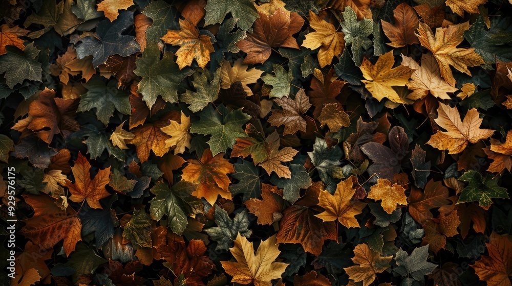 A pile of leaves scattered on the ground, with some still attached to stems A pile of leaves scattered on the ground, with some still attached to stems