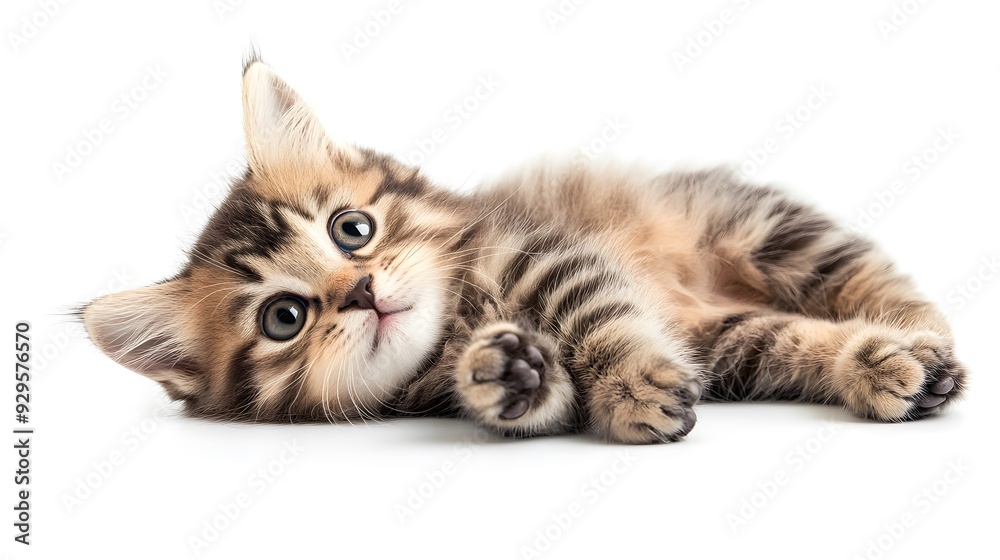 Fototapeta premium Fluffy kitten lying down with its paws stretched out on a blank white background