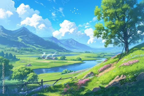 Tranquil landscape painting of a valley with a river, green fields, mountains, and blue skies with white clouds. Fantasy, nature, and adventure illustration.