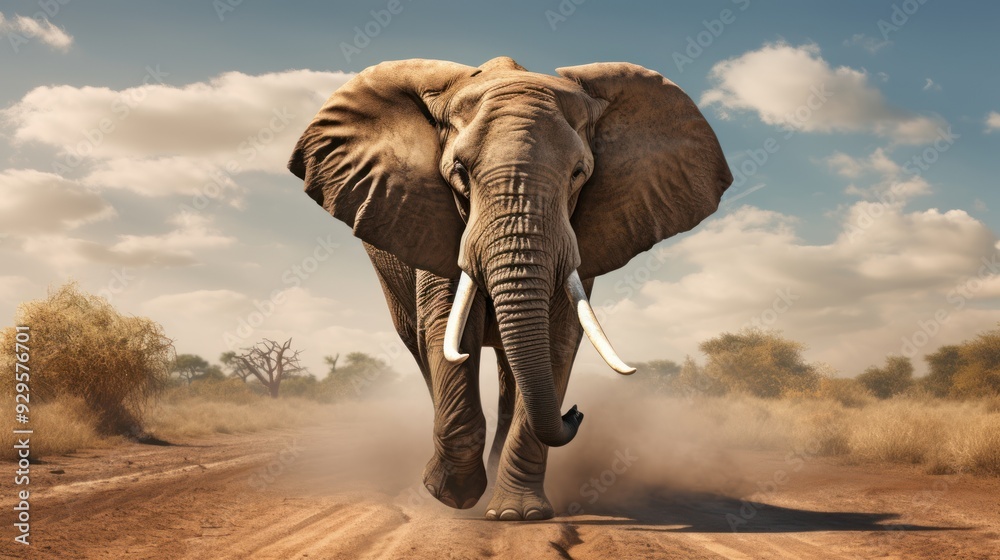 Fototapeta premium Elephant advancing forward with a clear and unobstructed front view