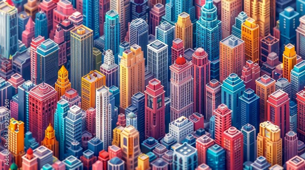 Fototapeta premium A Colorful, Blocky Cityscape with Diverse Architecture