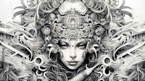 Neotrad sketch with defined lines and detailed patterns, black and white, white backdrop