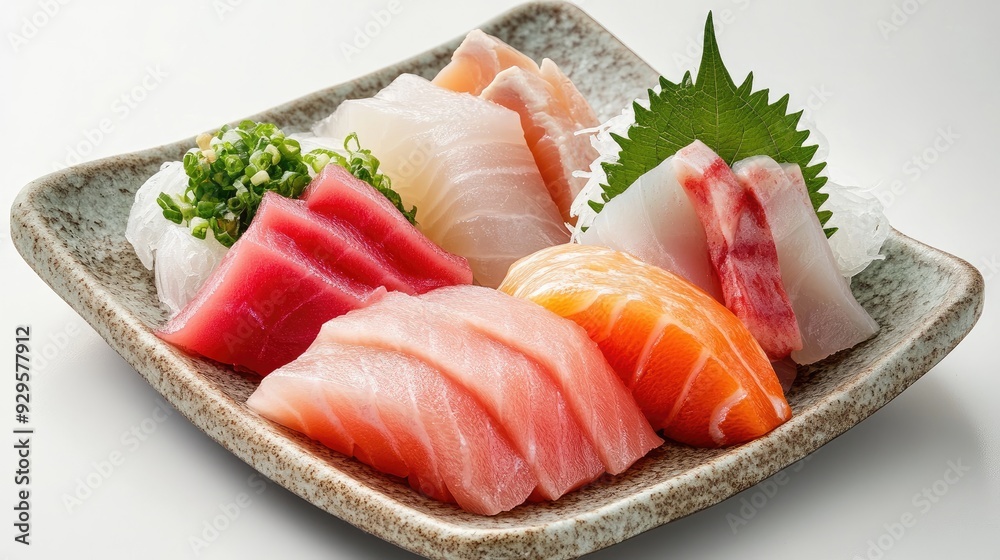 An assortment of fresh sashimi, including salmon, tuna, and more, artistically presented on a minimalist dish, capturing the essence of Japanese food. An assortment of fresh sashimi, including salmon, tuna, and more, artistically presented on a minimalist dish, capturing the essence of Japanese food.