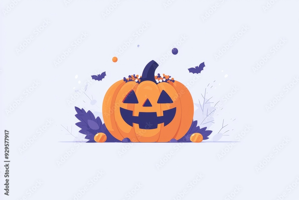 Happy Halloween Jack-O'-Lantern with Leaves and Bats Happy Halloween Jack-O'-Lantern with Leaves and Bats