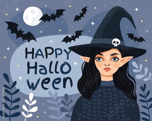 Halloween card. Witch, sorceress, elf. The cute cartoon girl wearing a witch's hat and a blue sweater. The inscription "happy halloween", bats, full moon, blue background.