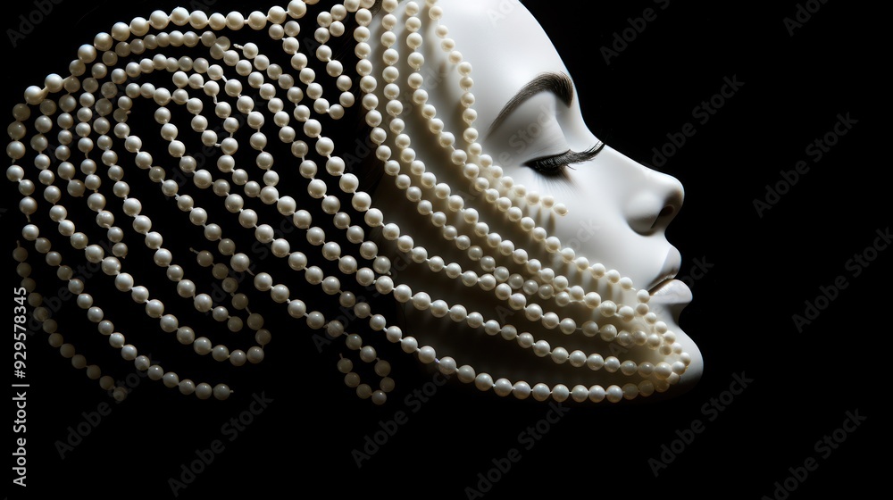 White pearls arranged to form the outline of a woman's profile with long hairstyle, artistic representation on background